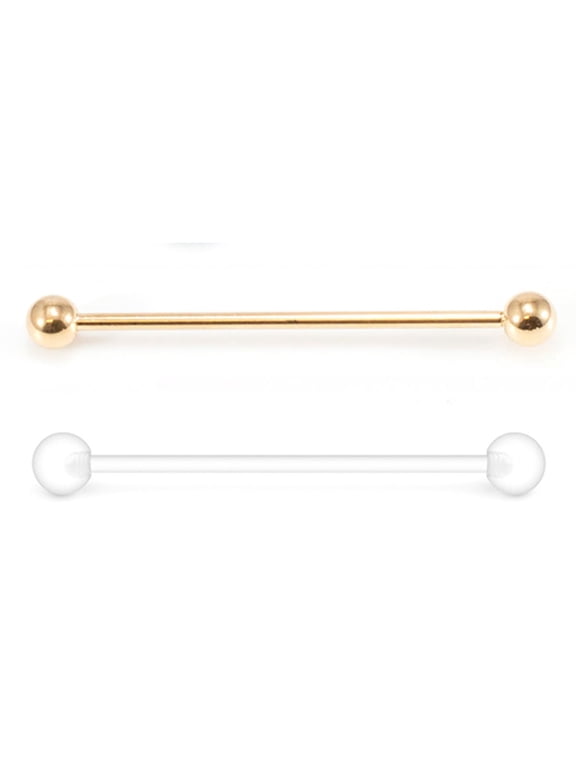 2PCS 14G Surgical Steel PVD Gold Industrial Barbell Earrings Clear Acrylic Flexible Bioplast Industrial Piercing Retainer 38mm 1 & 1/2 Inch
