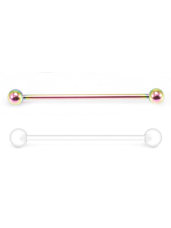2PCS 14G Surgical Steel PVD Rainbow Industrial Barbell Earrings Clear Acrylic Flexible Bioplast Industrial Piercing Retainer 38mm 1 & 1/2 Inch