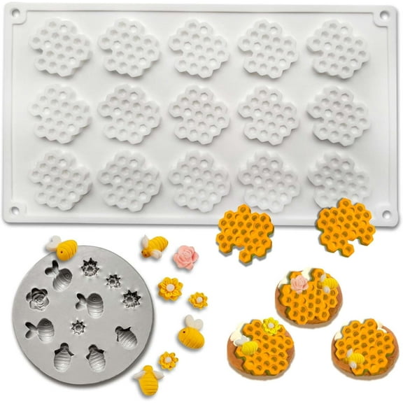 2PCS 15 Cavity Honeycomb Mold & Bee Silicone Tuile Molds,Honey comb Baking Mold,3D Beehive Candy Silicone Honey Fondant Molds,Chocolate silicone baking set Sugar Bees for Cake Decorating
