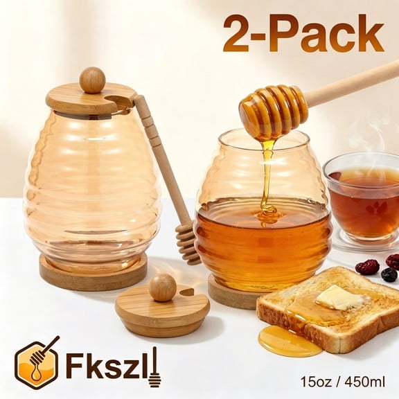 2 Pcs 15oz Honey Jars with Dipper and Lid Glass Honey Jar for Airtight Syrup Dispenser for Home Kitchen