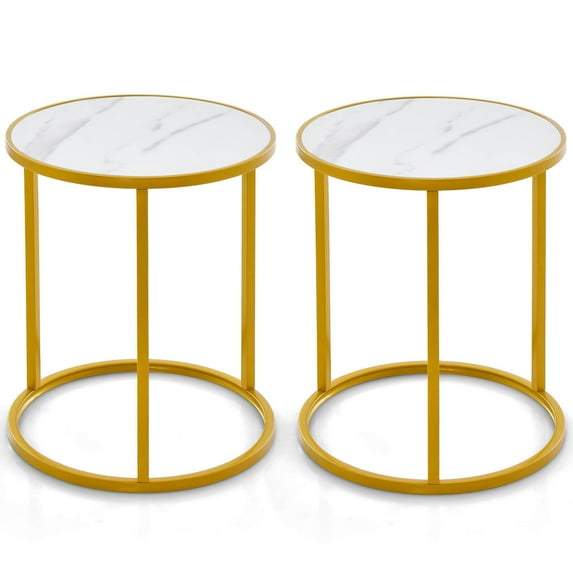 2PCS 16''x16'' Modern Round End Table Side Table with Marble Top, Golden Metal Frame, Gold