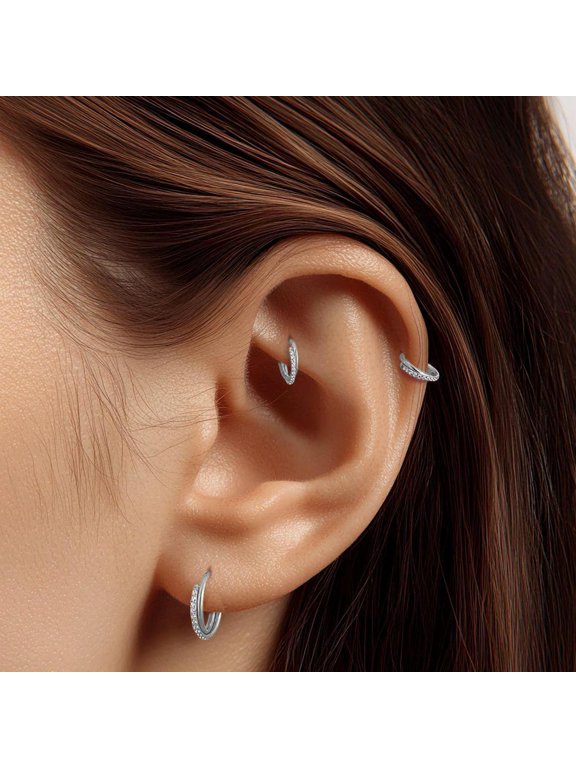 2PCS 16G Cartilage Double-Hoop Earrings for Women , Helix Conch Piercing with Cubic Zirconia 14K Gold Plated Tragus Piercing Surgical Steel Clicker Double Hoop Nose Ring