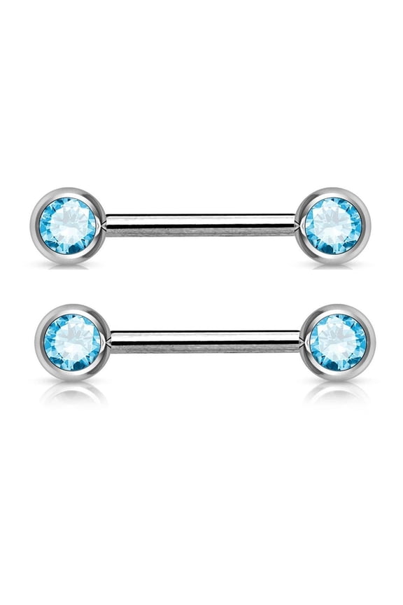 2PCS 16G Nipple Rings Bars Crystal Front Facing Aqua CZ Women Nipple Barbell Piercing Jewelry 10mm 3/8 Inch