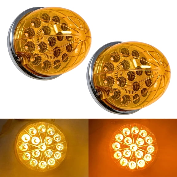 2PCS 17 LED Dual Function Watermelon Lights Amber Lens with Stainless Steel Bezel Stop Turn Signal Marker Lights Freightliner Kenworth Peterbilt Trailer Fender Heavy Trucks IP67 3 Wire High Low