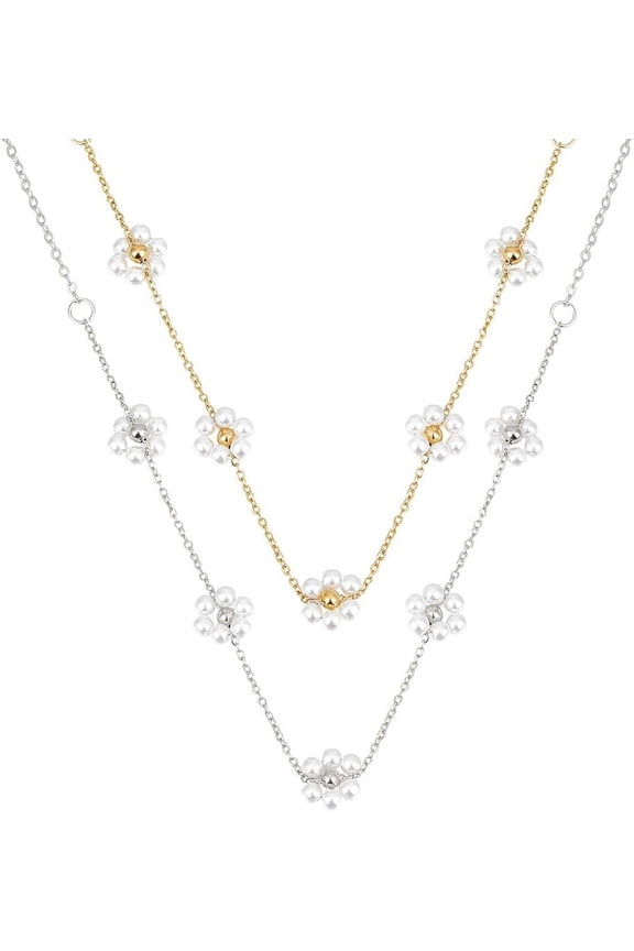 2PCS 18K Gold Plated Daisy Necklace for Women Summer Flower Necklace Gold Floral Pendant Necklace with Imitaion Pearl Pretty Choker Jewelry Gifts for Valentine's Day Birthday Wedding Party Colorful