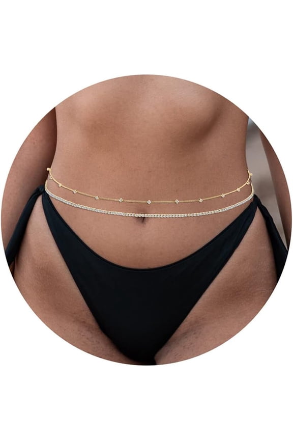 2PCS 18K Gold/Silver Plated Waist Chains Pearl CZ Belly Body Chain for the Waist Layered Gold Belly Chains Waist Jewelry for Women 26-41Inch