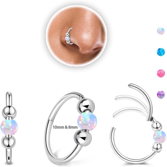 2PCS 18g Opal Nose Rings for Women Nose Hoops 8mm/10mm 316L Surgical Steel Nose Rings Piercing Jewelry Can Be Used as a Nose Ring, Septum Ring, and Cartilage Earring