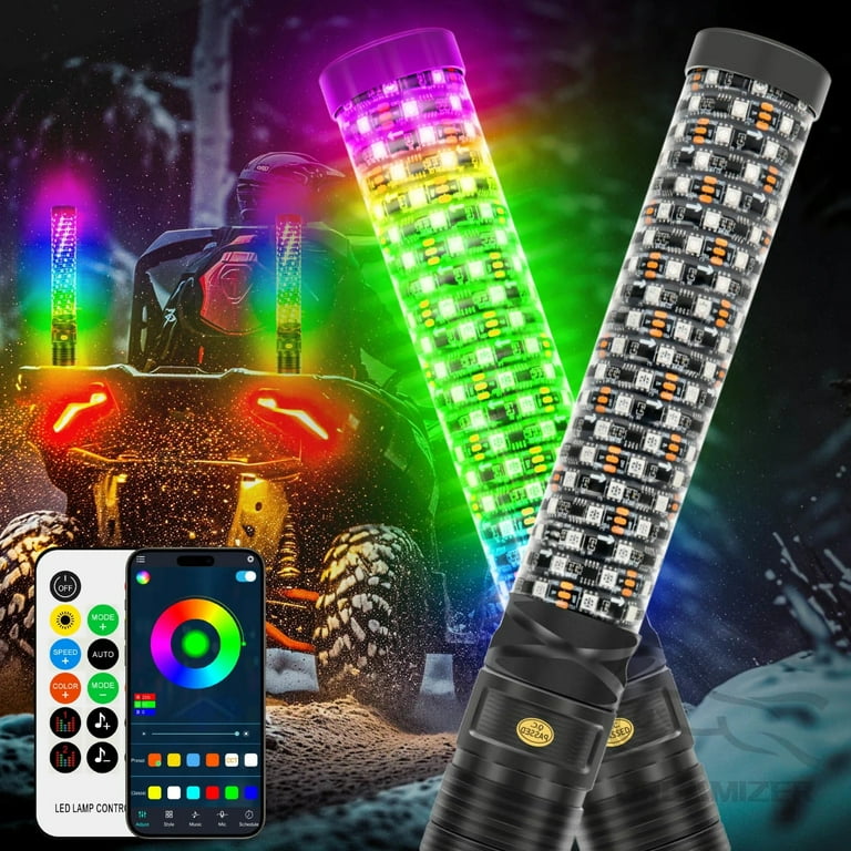 2PCS 1FT 30.5cm Fat Bluetooth Remote Control Colorful LED Whip Lights Lighted Antenna Whips for ATV Polaris RZR Flagpole Lamp
