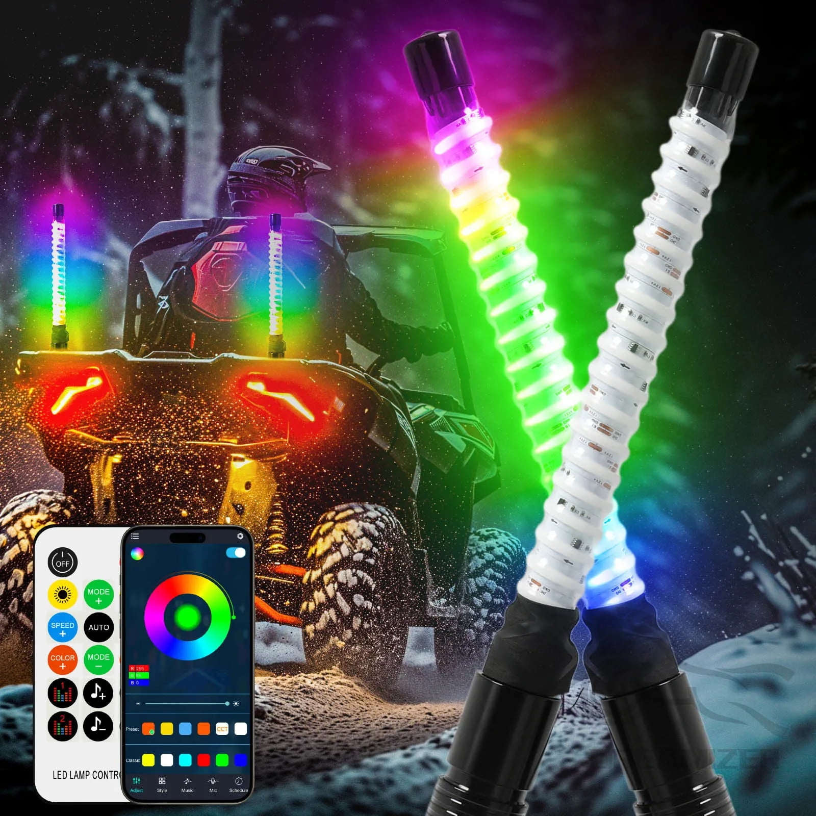 2PCS 1FT COB LED Whip Lights Remote Control Flagpole Antenna Whips for