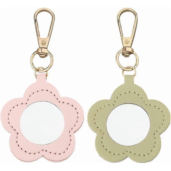 2PCS 2 Color Makeup Mirror Key Holder Portable Flower Keychain Bulk Cute PU Leather Key Ring Organizer Mini Floral Pendant Keychain