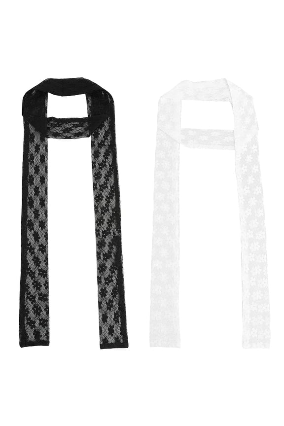 2PCS 2 Colors 81.891.97 Inch Mesh Flowers Lace Neck Scarf Versatile Narrow Hair Wrap Solid Long Ribbon Neckerchief Polyester Lace Scarf Necktie Collarbone Neckwear for Women Lady Party DIY