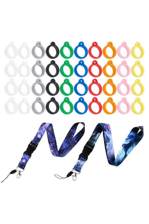 2PCS 2 Colors Anti-Lost Neck Silicone Ring Neck Lanyards Pendant Holder Safety Neck Strap Multipurpose Adjustable Cases Carrying Lanyard with 40PCS 10 Colors Ring Pendant Replacement DIY Mixed Color