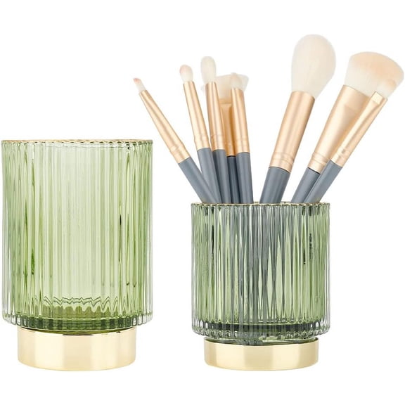 2PCS 2 Size Glass Makeup Brush Holders Makeup Brush Holder Organizer Yellow Green Glass Brushes Storage Holder Brush Cup Pen Pencil Holder for Makeup Crafts Bathroom Lipsticks Dresser Colorful