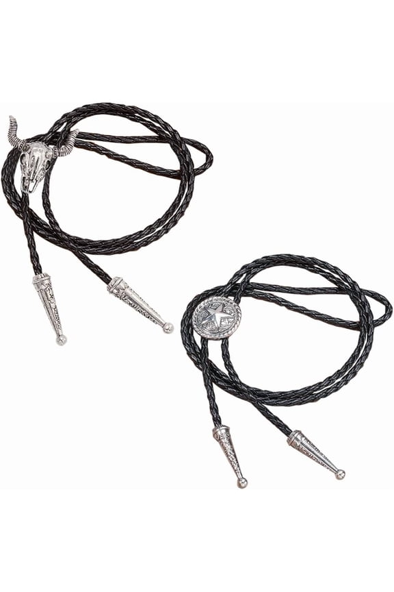 2PCS 2 Styles Black Leather Bolo Ties Silver Vintage Cowhead Round Star Pendant Necklace Adjustable Western Cowboy Retro Necktie Bola Tie Rodeo Jewelry Costume Accessories for Men Women DIY