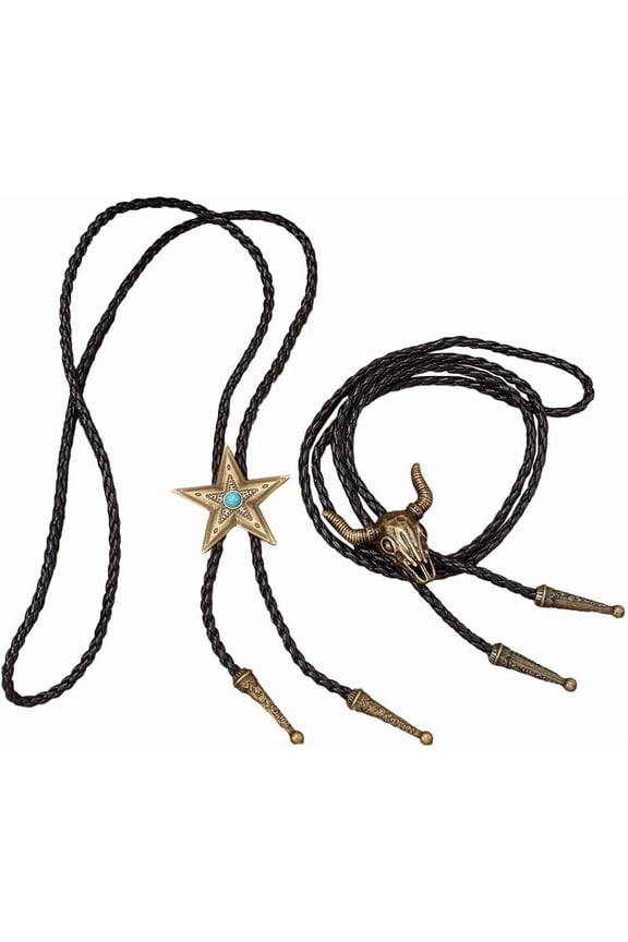 2PCS 2 Styles Bronze Cowhead Star Bolo Ties Men Women Vintage Western Cowboy Bola Tie Pendant Necklace Black Retro PU Leather Adjustable Necktie for Jewelry Rodeo Costume Accessories