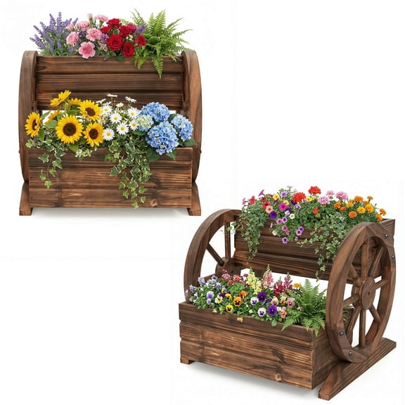 2PCS 2-Tier Rustic Wagon Planter Box w/Drainage Holes&Wheels for Patio Garden