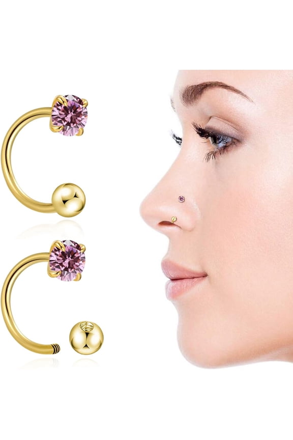2PCS 20G Birthstone Nose Ring Half Hoop Stud CZ Body Ear Piercing Small Thin Hoop Nose Ring Stud Body Jewelry Can Be Used as Septum Ring and Cartilage Earring