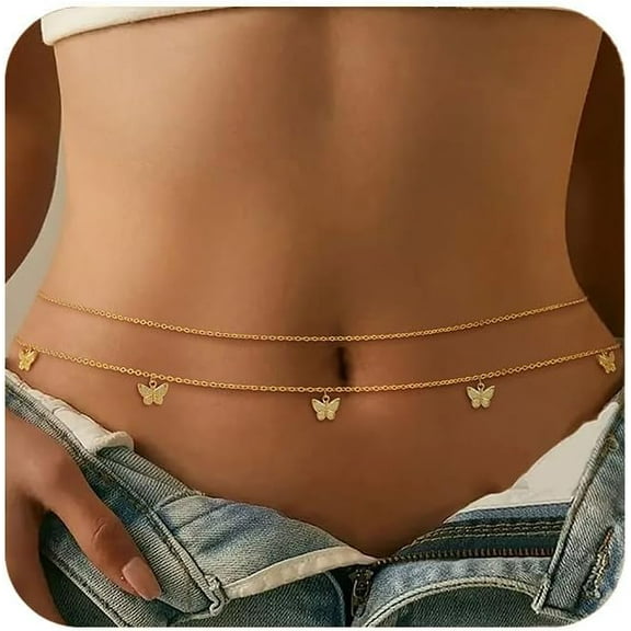 2PCS 25-43Inch 18K Gold Plated Waist Chain Minimalist Pearl Belly Body Chain Gold Layered Sexy Bikini Body Chains Waist Jewelry for Women
