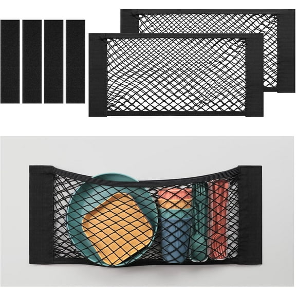 2PCS 25x60cm / 9.8x23.6in Car Storage Net Bag with Tape Stickers, Adhesive Mesh Pocket Net String Pouch Bag, Stretchable RV Storage Netting, Wall Sticker Organizer Pouch Bag for Home Storage