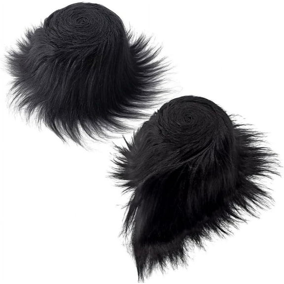 2PCS 3.9" Wide Faux Fox Fur Fabric Christmas Black Shaggy Synthetic Plush Patch Fluffy Fuzzy Fur Scrap Trim Ribbon Sewing Fur Cuts for Crafts Halloween Santa Claus Gnomes Beard Hair