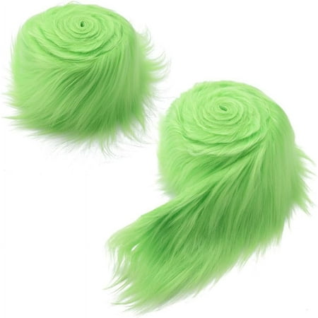 2PCS 3.9" Wide Faux Fox Fur Fabric Christmas Shaggy Synthetic Plush Patch Fluffy Fuzzy Fur Scrap Trim Ribbon Sewing Fur Cuts for Crafts Halloween Santa Claus Gnomes Beard Hair Light Green