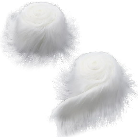 2PCS 3.9" Wide Faux Fox Fur Fabric White Christmas Shaggy Synthetic Plush Patch Fluffy Fuzzy Fur Scrap Trim Ribbon Sewing Fur Cuts for Crafting Halloween Santa Claus Gnomes Beard Hair