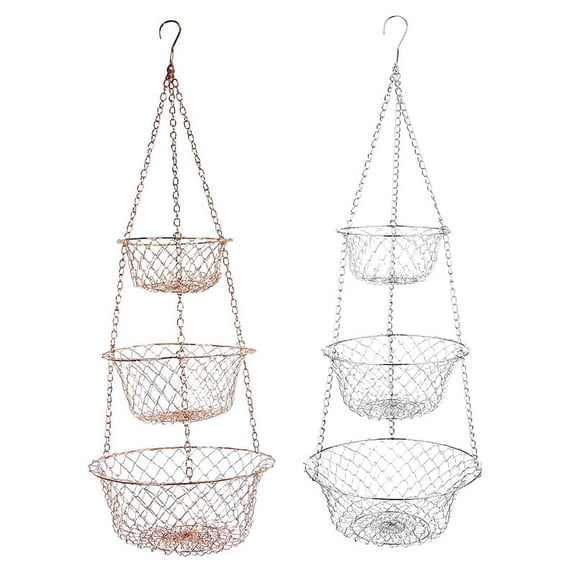 2PCS 3 Tier Fruit Basket, Vegetable Kitchen Storage Basket Chain Hanging Space Saving Fruits(Silver & Copper)