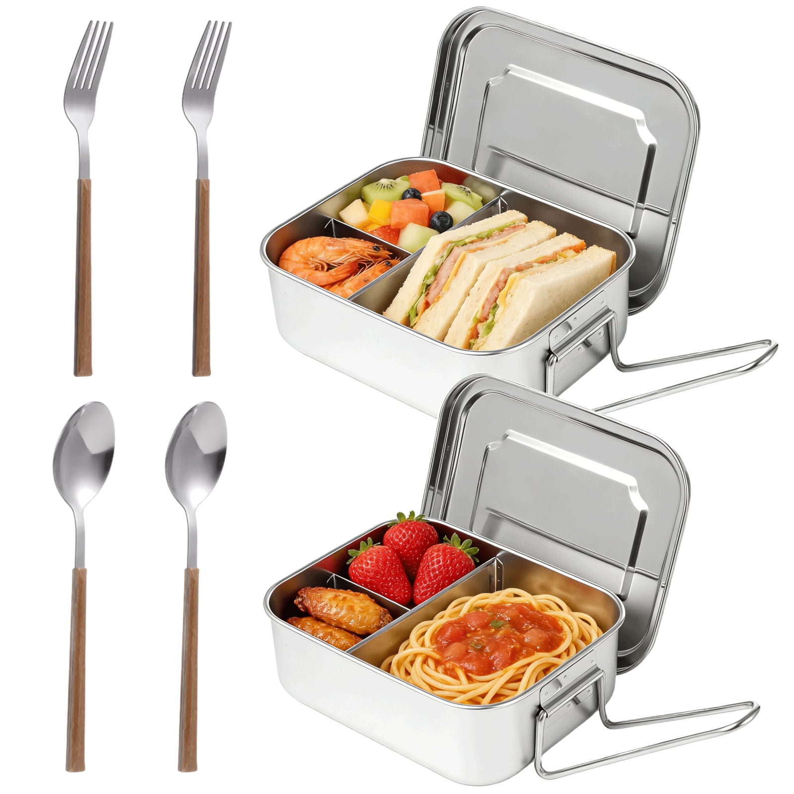 2PCS 304 Stainless Steel Bento Box, 40oz 3-Compartment Metal Lunch Container with Fork and Spoon, Leak Proof Metal Lunch Container for Youngsters and Adults