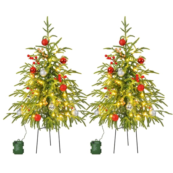 2PCS 30Inch Pre-lit Front Porch Christmas Trees Artificial Norfolk Pine Lighted 100 LED Light Up Pre-Decorated Christmas Porch Decoration 8 Modes Timer Berries Christmas Ornaments