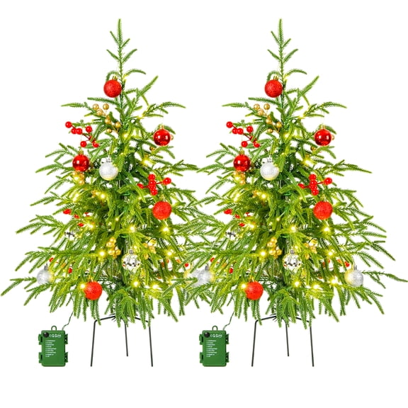 2PCS 30Inch Pre-lit Christmas Trees for Porch Front Door Artificial Norfolk Pine Lighted 100 LED Light Up Pre-Decorated Christmas Porch Decoration 8 Modes Timer (Pot Not Included)