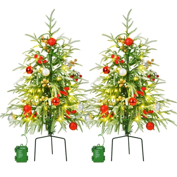 2PCS 30Inch Pre-lit Christmas Trees for Porch Front Door Artificial Norfolk Pine Lighted 100 LED Light Up Pre-Decorated Christmas Porch Decoration 8 Modes Timer (Pot Not Included)