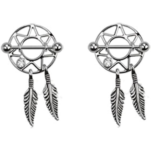2PCS 316L Surgical Steel 14G 16G Nipple Rings CZ Feather Dream Catcher Nipple Shield Barbells Women Nipplerings Piercing Bars 16mm 5/8 Inch