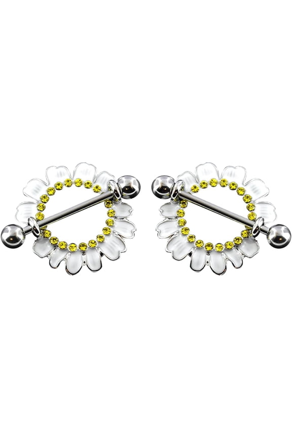 2PCS 316L Surgical Steel 14G Nipple Barbell Shield Daisy Flower Nipple Rings Yellow CZ Sunflower Nipplerings Piercing Jewelry