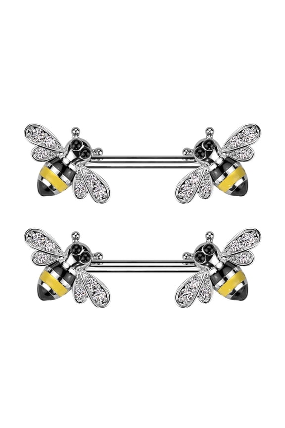 2PCS 316L Surgical Steel 14G Nipple Barbells CZ Crystal Bumble Bee Nipple Rings Shield Punk Nipple Piercing Jewelry 14mm 9/16 Inch