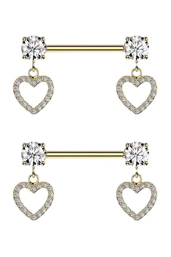 2PCS 316L Surgical Steel PVD Gold 14G Nipple Rings Dangle Crystal CZ Hollow Heart Nipple Barbell Shield Piercing Jewelry 14mm 9/16 Inch