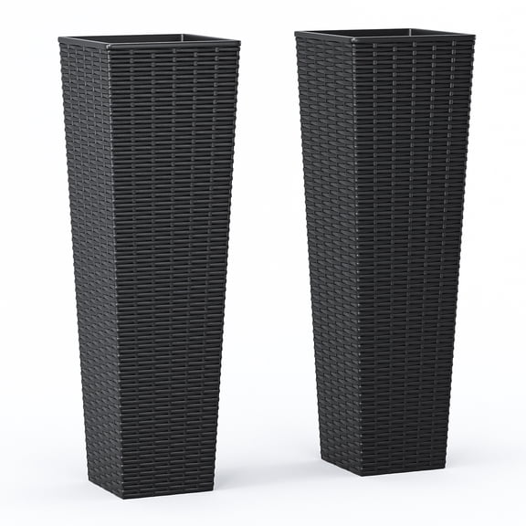 2PCS 32 Inch Tall Planter Resin Rattan Texture Modern Rectangular Tall Plant Pot with Removable Inner Pots Drainage Holes for Porch Garden Yard Black