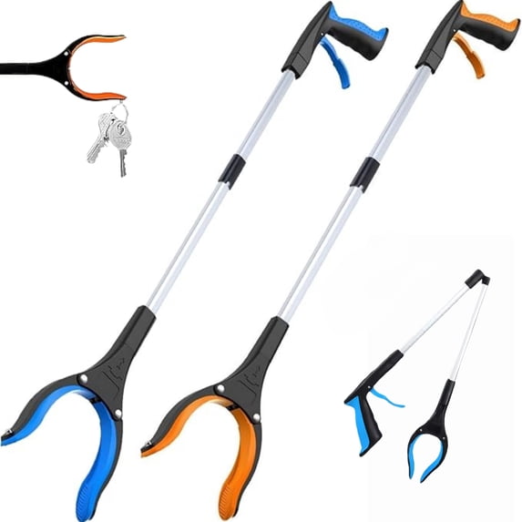 2-Pack 32" Foldable Grabbers with 360° Rotating Jaw, Lightweight Reaching Aid, Blue and Orange