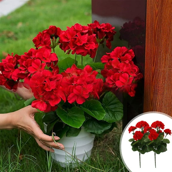 2PCS 34.7cm Artificial Geraniums Silk Flowers Outdoor Garden Hanging Basket Porch Home Decor Red Fake Plants for DIY Christmas Party Wedding Bouquets Tables Decorations