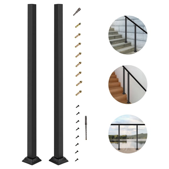 2PCS 38" Square Deck Railing Wrought Iron Metal Handrail Post Kit Top Mount Black