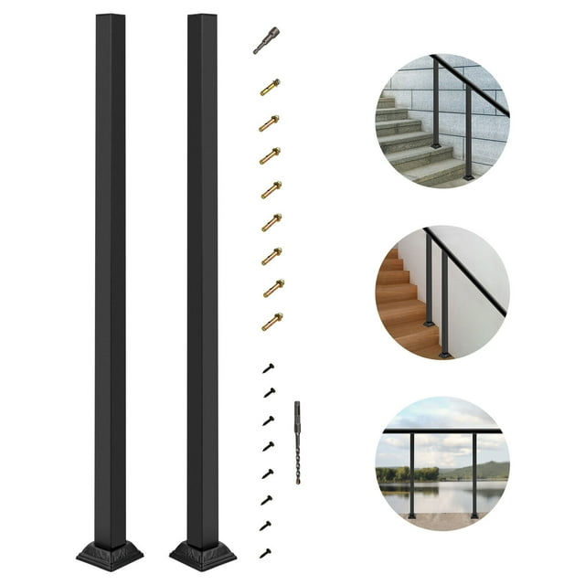 2PCS 38" Square Deck Railing Wrought Iron Metal Handrail Post Kit Top Mount Black