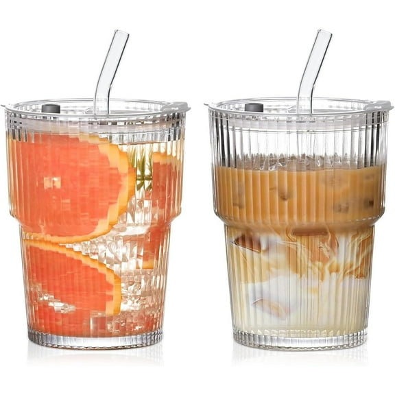 2PCS 380ML Ribbed Glass Tumblers with Lids and Straws, Iced Coffee Cup, Leakproof Glass with Straw and Lid for Iced Coffee, Cocktail, Tea, Smoothie