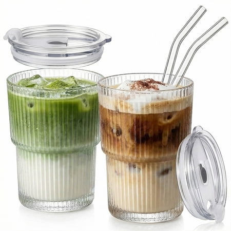 2PCS 400ML Ribbed Glass Tumblers with Lids and Straws, Iced Coffee Cup, Leakproof Glass with Straw and Lid for Iced Coffee, Cocktail, Tea, Smoothie