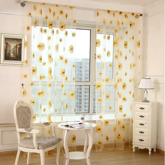 2PCS - 39.3x 78.8in Sunflower Curtains Kitchen Decor Yellow Sheer Curtains for Small Window Voile Room Scarf Door Bed Drape Panels for Bedroom Living Room Floral Drape Panel (Yellow)