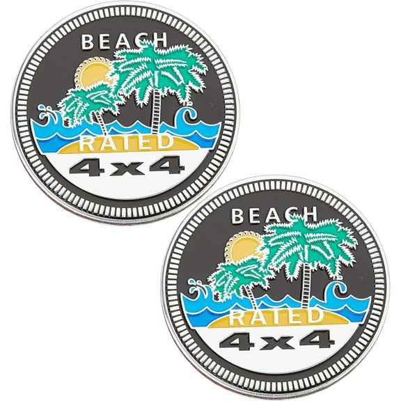 2PCS 3D Beach Car Emblem Creative Aluminum Car Stickers 4 X 4 Sun Waves Coconut Metal Automotive Badge Flat Round with Word Beach Rated Badges for Vehicles Trucks SUV for DIY