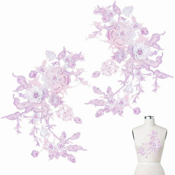 2PCS 3D Embroidered Flower Fabric Beaded Lace Applique Lavender Cloth Appliques Sew On Patches Handmade Sewing Tool