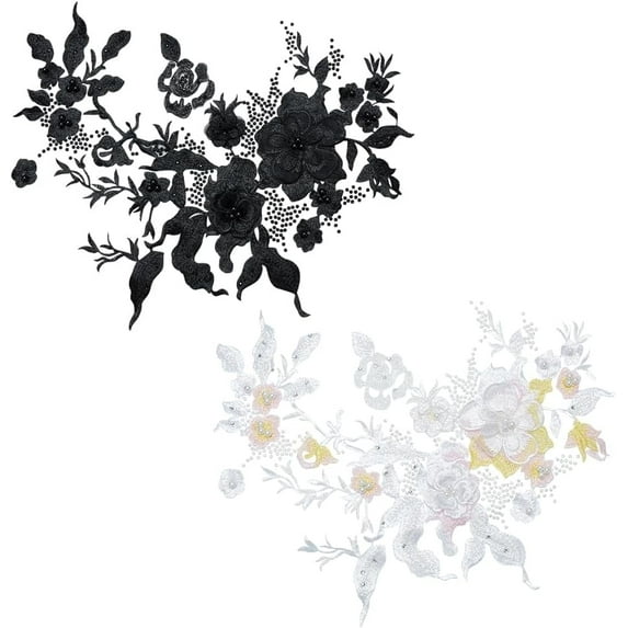 2PCS 3D Floral Lace Applique Black and White Beaded Embroidery Applique with Imitation Pearl Embroidered Mesh Applique