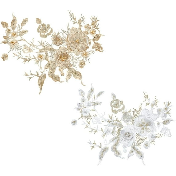 2PCS 3D Flower Applique Beaded Embroidery Applique Flower Lace Applique with Imitation Pearl