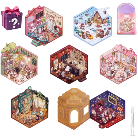 2PCS 3D Fun Mini House Sticker Scenes With Tweezer Kawaii Kitties Sticker Room Book Mini Cat House Scene Stickers Screen Free Craft Activity Random Shipped For Stress Relief Pastime