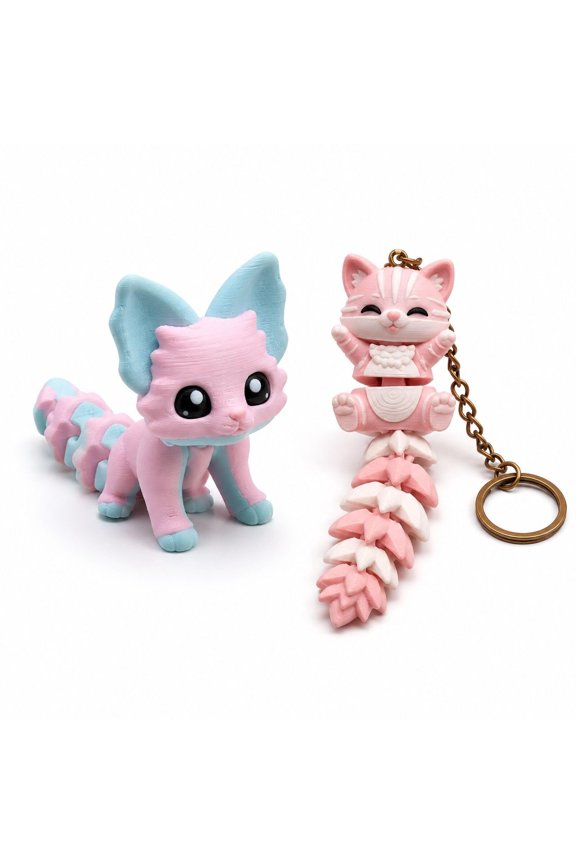 2PCS 3D Printed Fox Keychain Pink Animal for Desk Decor