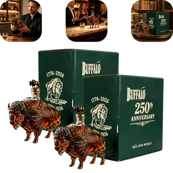 2PCS 3D Sculpted Vintage Bison Buffalo Glass Whiskey Decanter, 350ml 250th Anniv Liquor Vessel With Gift Box, Home Bar Display, Father’s Day Gift for Whiskey Fans